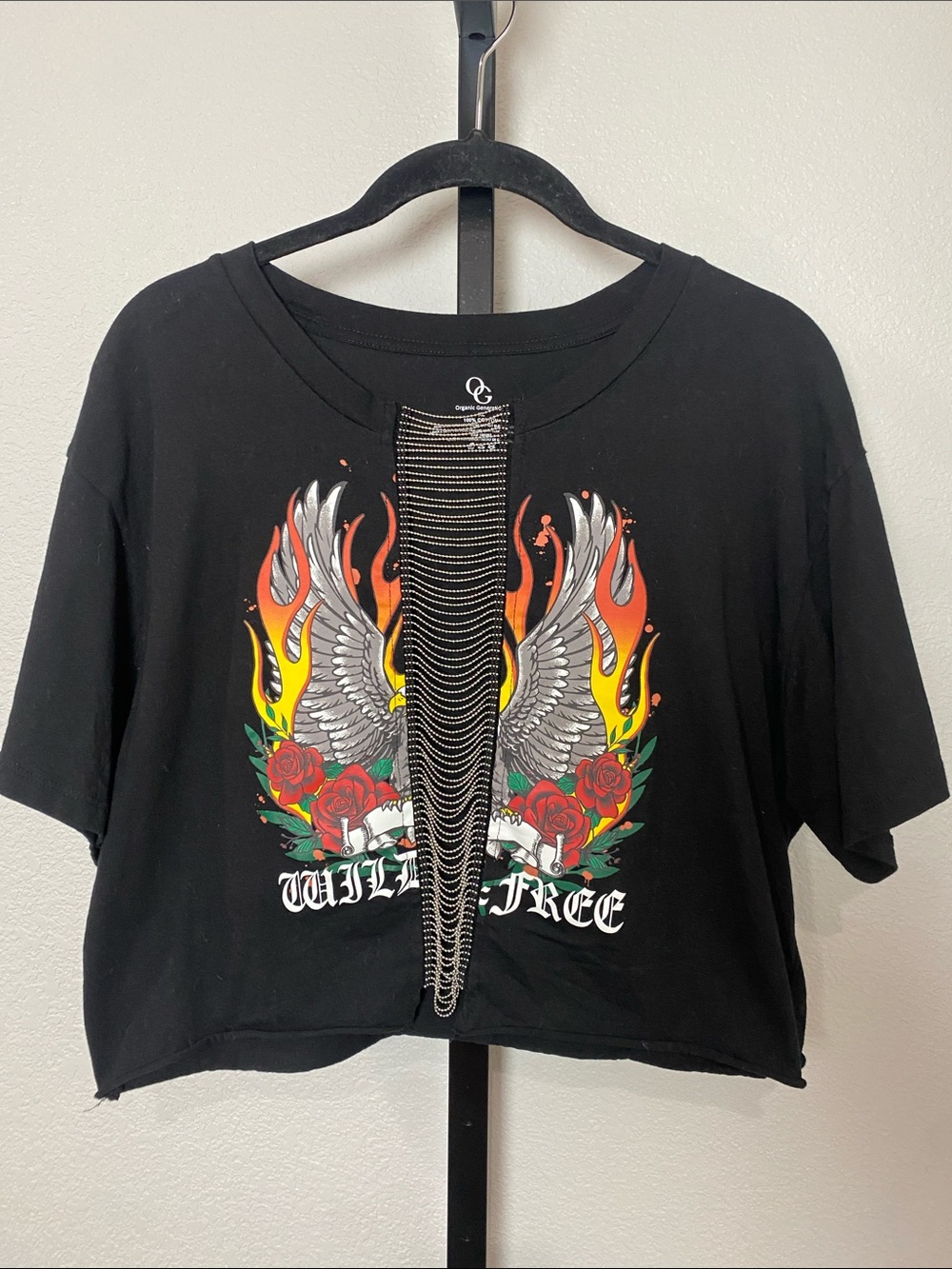 Black Graphic Crop Top Flame, Wing & Rose with metal hardware 💯% softest Cotton